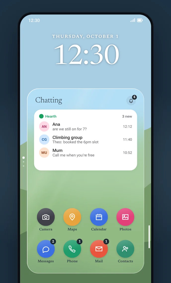 A Glint Card named Chatting, with a messages widget and eight apps on frosted glass over green hills