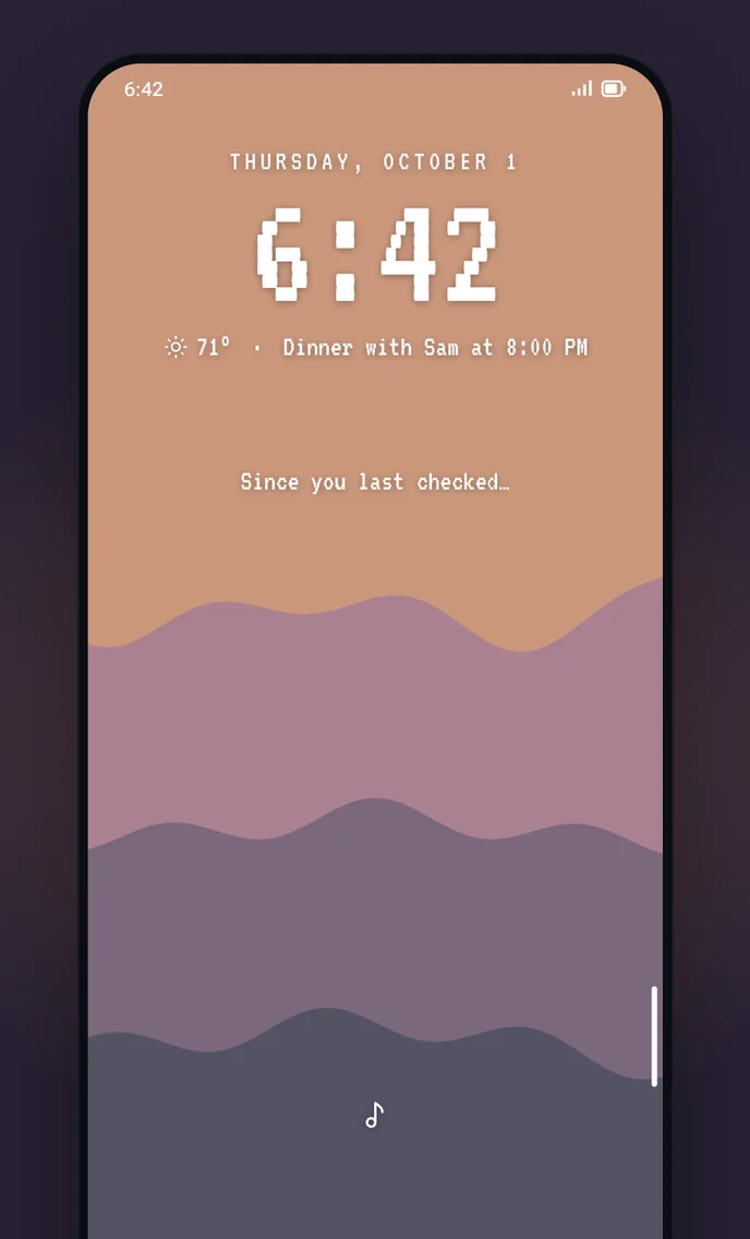 Glint in Quiet at dusk: the date, a large clock, the temperature and the next event over mauve hills