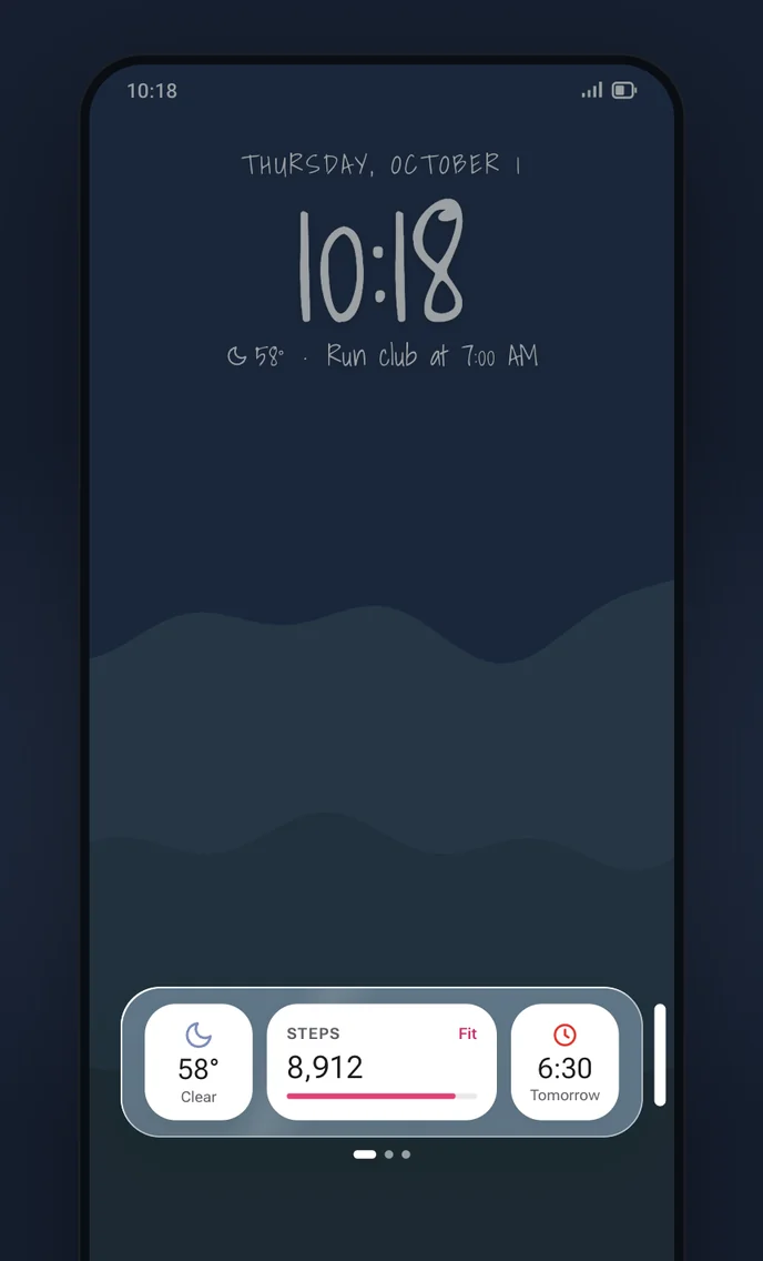 Glint at night with the Widget stack open: weather, steps and an alarm on one glass panel